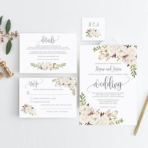 Floral Wedding Invitation Template, White Wedding Invitation Suite, Boho Chic Wedding Set, White Flowers, Templett, #A074