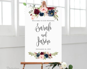 Burgundy Navy Welcome Wedding Sign, Burgundy Wedding Welcome Sign Template, Wedding Poster, Navy, Printable File, Templett, #A102