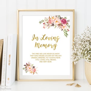In Loving Memory Sign, Memorial Table Sign, Gold Floral Wedding Sign Printable, Floral Wedding Sign, Instant Download, #A010