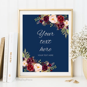 Custom Wedding Sign, Your Text Here Sign, Navy Wedding Sign Template, Burgundy Wedding Sign, Templett, #A034