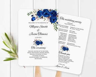 Fan Wedding Program, Royal Blue Wedding Fans Template, Ceremony Program Printable, Wedding Program Template, Templett, #A016