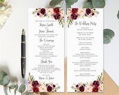 Burgundy Wedding Program Template, Ceremony Program Printable, Floral Boho Chic Wedding Program, Marsala Wedding Program, Templett, #A047