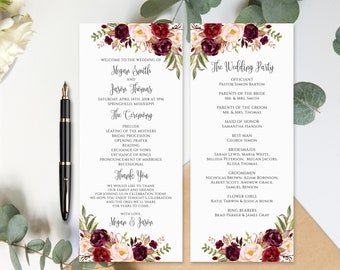 Burgundy Wedding Program Template, Ceremony Program Printable, Floral Boho Chic Wedding Program, Marsala Wedding Program, Templett, #A047
