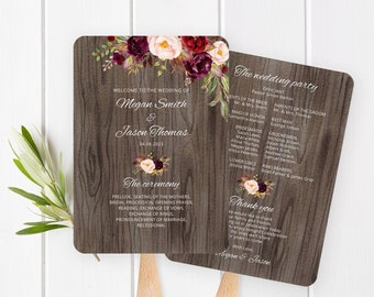 Fan Wedding Program, Rustic Marsala Wedding Fans Template, Ceremony Program Printable, Wedding Program Template, Templett, #A090