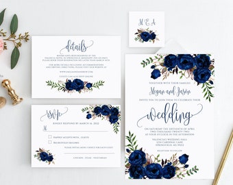 Navy Wedding Invitation Template, Floral Wedding Invitation Suite, Boho Chic Wedding Set, Blue Navy Wedding, Templett, #A089