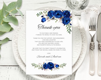 Royal Blue Wedding Thank You Place Card, Floral Wedding Table Thank You, Thank You Place Setting, Blue Flowers, Templett, #A016