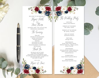 May include: Wedding ceremony program with a floral design featuring burgundy, white, and blue flowers. The program includes the names of the bride and groom, the officiant, and the wedding party.