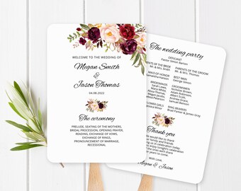 Wedding Fan Program, Wedding Fans Template, Wedding Ceremony Program Printable, Burgundy Wedding Program, Marsala, Templett, #A023