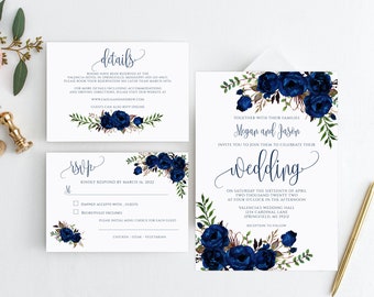 Navy Wedding Invitation Template, Blue Wedding Invitation, Boho Chic Wedding Invitation Suite, Floral Wedding Set, Templett, #A089