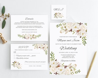 Floral Wedding Invitation Template, Boho Chic Wedding Invitation Suite, White Wedding Invitation, Templett, #A053