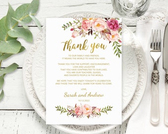 Floral Wedding Thank You Place Card, Blush Gold Wedding Thank You Card Template, Wedding Table Thank You, Templett, A010