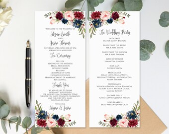 May include: Wedding ceremony program with burgundy and navy blue floral design. The program includes the names of the bride and groom, Megan Smith and Jason Thomas, the wedding date, and the order of events. The back of the program lists the wedding party.