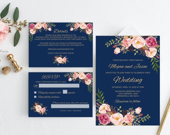 Navy Wedding Invitation Template, Boho Chic Wedding Invitation Suite, Blue and Pink Floral Wedding Set, Templett, #A011