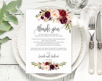 Floral Wedding Thank You Place Card, Burgundy, Wedding Table Thank You Card Template, Printable, Marsala Thank You Card, Templett, A047