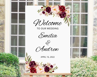 Burgunderrote Hochzeit Willkommensschild Vorlage, Printable Willkommensschild, Hochzeit Willkommensschild Marsala, Templett, #A023