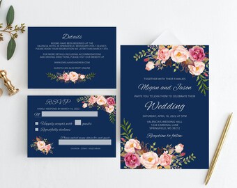 Marineblaue Hochzeitseinladung, Silber und Blaue Hochzeitseinladung, Set mit floralen Elementen, Templett, #A012