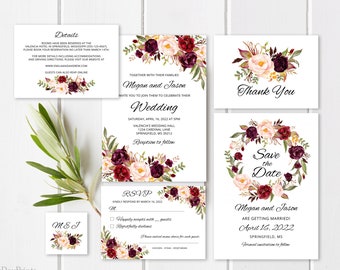 Modelo de convite de casamento Borgonha, suíte de convites de casamento Boho Chic, conjunto de convites de casamento Marsala, Templett, #A023