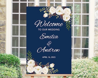 Navy Welcome Wedding Sign Template, Blue Wedding Reception Sign, Printable Wedding Sign, Navy and White, Templett, #A051