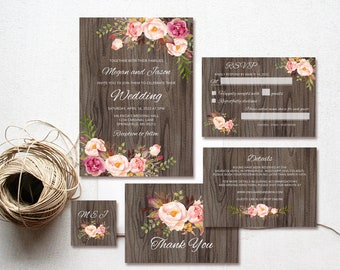 Rustic Wedding Invitation Template, Floral Wedding Invitations, Blush Wedding Invitation Set, Templett, #A060