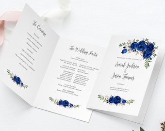 Royal Blue Wedding Program Template, Floral Wedding Ceremony Program, Folded Wedding Program, Royal Blue Flowers, Templett, #A043