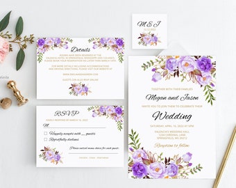 Purple Wedding Invitation Template, Boho Chic Wedding Invitation Suite, Lavender Wedding Invitation, Templett, #A020