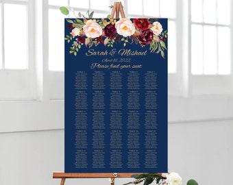 Navy Wedding Seating Chart Template, Boho Chic Floral Wedding Table Plan, Seating Board, Table Plan, Burgundy, Marsala, Templett, #A033