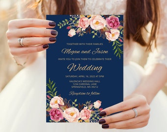 Navy Wedding Invitation Template, Boho Chic Wedding Invitation, Blue and Pink Floral Wedding Set, Templett, #A011