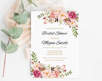 Bridal Shower Invitation, Boho Chic Bridal Shower Invite, Watercolour Bridal Shower Invitation, Blush Bridal Shower Invite, Templett, #A008