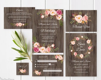 Rustic Wedding Invitation Template, Floral Wedding Invitations, Blush Pink Wedding Invitation, Templett, #A060