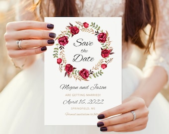 Save the Date Template, Red Wedding Save the Date, Floral Save the Date Printable, Red Flowers, Templett, #A015