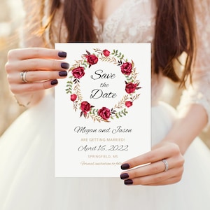 Save the Date Template, Red Wedding Save the Date, Floral Save the Date Printable, Red Flowers, Templett, #A015