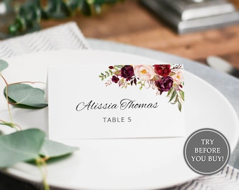 Place Card Template, Printable Place Card, Seating Cards, Table Numbers, Burgundy Place Cards, Instant Download, Templett, A023