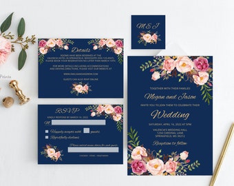 Navy Floral Wedding Invitation Template, Boho Chic Wedding Invitation Suite, Floral Wedding Set, Templett, #A011