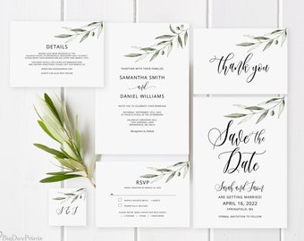 Olive Wedding Invitation Template, Botanical Wedding Invitations, Greenery Wedding Invitation Suite, Templett, #A109