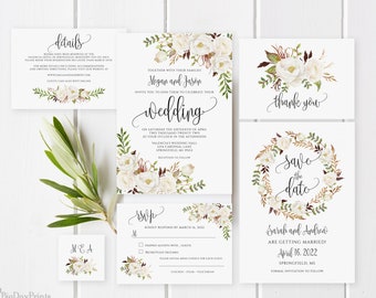 Floral Wedding Invitation Template, White Wedding Invitation Suite, Bohemian Wedding Set, White Flowers, Templett, #A074