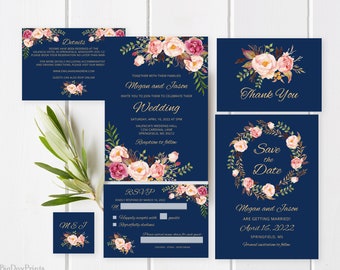 Navy Wedding Invitation Template, Boho Chic Wedding Invitation Suite, Floral Wedding Set, Templett, #A011