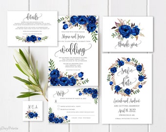 Royal Blue Wedding Invitation Template, Blue Wedding Invitation, Boho Chic Wedding Invitation, Floral Wedding Invitation, Templett, #A043