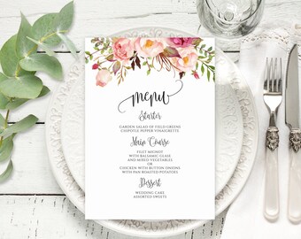 Blush Wedding Menu Template, Pink Floral Wedding Menu Card, Wedding Menu Printable, Boho Chic, Templett, #A049