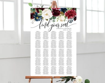 Wedding Seating Chart Template, Burgundy Navy White Wedding Table Plan, Burgundy Navy Seating Board, Seating Plan, Templett, A121