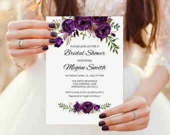 Eggplant Bridal Shower Invitation, Floral Purple Bridal Shower Invitation, Templett, #A039