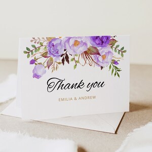 Carte de remerciement pliée, modèle de carte de remerciement mariage mauve, marque-place de remerciement, Templett, A020