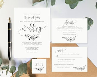 Wedding Invitation Template, Minimalist Wedding Invitation Suite, Calligraphy Wedding Invitation Template, Templett, #A045