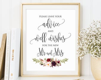 Please Leave Your Advice And Wishes For The New Mr And Mrs, Wedding Wishing Well Sign, Wedding Advice Sign, Burgundy, Marsala, #A047