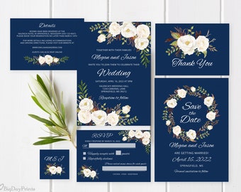 Navy Wedding Invitation Template, Wedding Invitation Suite, Floral Wedding Set, White Flowers, Templett, A051