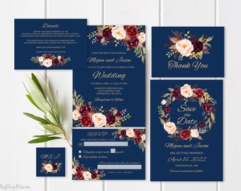 Navy Wedding Invitation Template, Navy Burgundy Wedding Invitation Suite, Floral Wedding Set, Navy Gold Wedding Invitation, Templett, A033