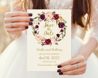 Burgundy Save the Date Template, Floral Wedding Save the Date, Ivory Save the Date Printable, Templett, #A062