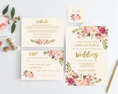 Ivory Floral Wedding Invitation Template, Gold Bohemian Wedding Invite Suite, Gold Foil Invite, Blush Pink Wedding, Templett, #A009