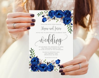 Royal Blue Wedding Invitation Template, Floral Boho Wedding Invitation, Blue Wedding Decor, Floral Wedding Invitation, Templett, #A043