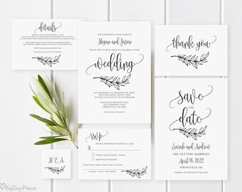 Wedding Invitation Template, Minimalist Wedding Invitation Suite, Calligraphy Wedding Invitation, Templett, #A045