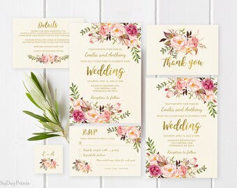 #A049 Wedding Invitation Template Templett Floral Wedding Invitation Suite Boho Chic Wedding Set Blush Wedding Invitation